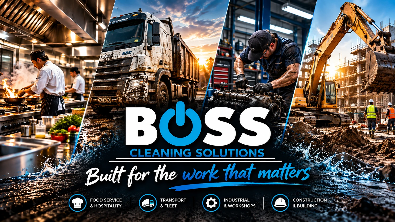 BOSS Cleaning Solutions collage showing food service, transport, workshops and construction